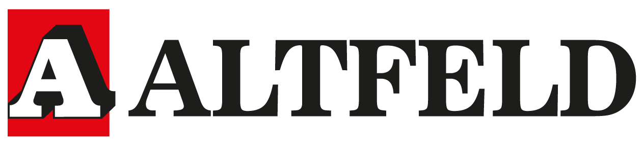 Logo mit einem großen weißen Buchstaben A auf rotem, quadratischem Hintergrund, gefolgt von dem schwarzen Text ALTFELD in fetter, großer Serifenschrift - ideal für das Branding von Stahlrecycling oder Entsorgung. - Altfeld Recycling Ennepetal & Gevelsberg